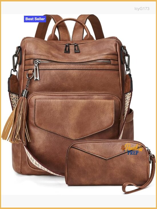 Women\'s Leather Anti-theft Travel Backpack with Wristlet, Multi-compartment, main image 6